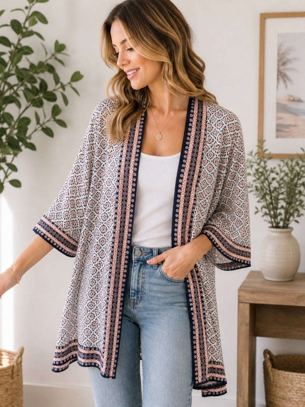 Boho Geometric Kimono Cardigan Lightweight Open Front Layer Women’s M